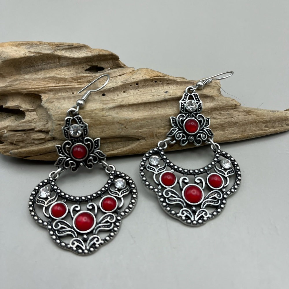 Elegant Silver and Red Dangle Earrings